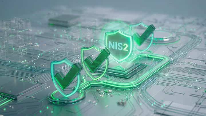 Abstract glowing neon arrows leading to NIS2 icon