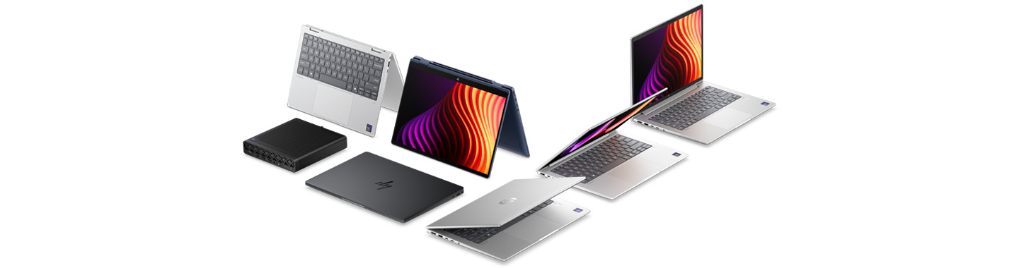 Various modern laptops and an external network switch displayed in different positions for product presentation