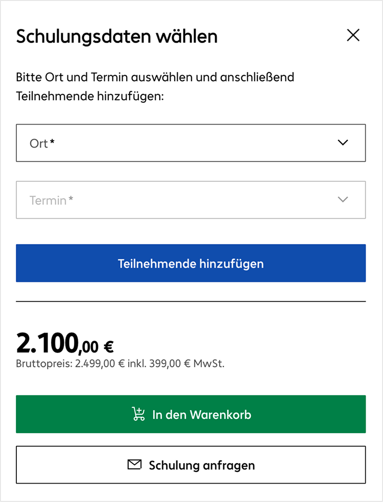 Unterer Ausschnitt des Kaufbereichs einer Schulungsproduktdetailseite