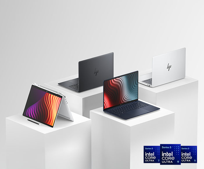 Four modern HP laptops in different positions on white pedestals with vibrant screen displays
