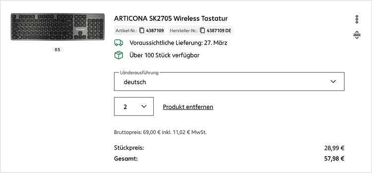 Handelsware mit Länderausführungsauswahl im Warenkorb