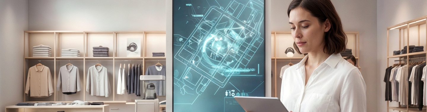 Mitarbeiterin mit Tablet vor großem digitalen Screen im Geschäft