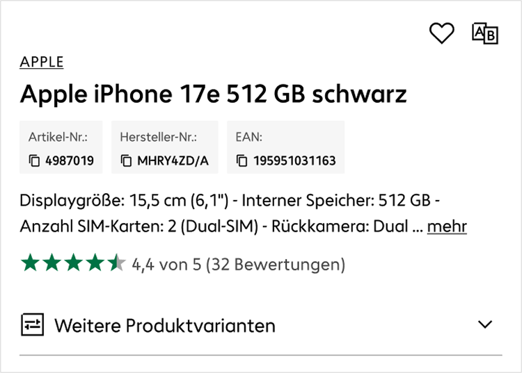 Oberer Ausschnitt des Kaufbereichs auf der Produktdetailseite