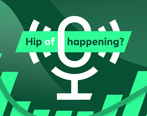 Stylized microphone icon with the text ‚Hip of happening?‘ representing a modern podcast or audio event theme