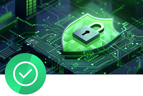 Symbolic representation of cybersecurity with digital lock and shield on a circuit board