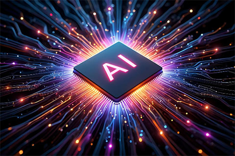 Eine Grafik eines AI-Computerchips auf schwarzen Hintergrund. Er ist von bunt glühenden Leiterbahnen umgeben.