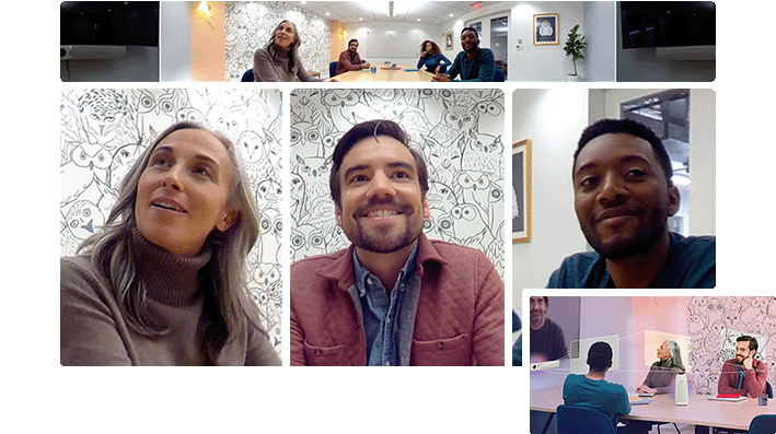 Several people in video conference and meeting in modern office with creative wall design