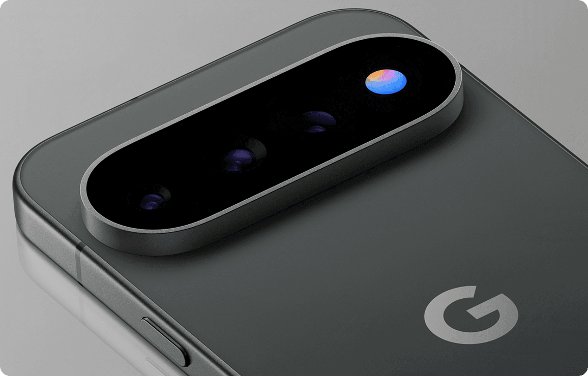 Nahaufnahme der Rückseite eines Smartphones mit mehreren Kameralinsen und Google-Logo