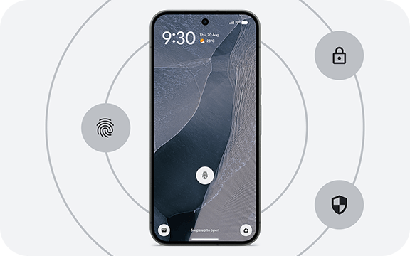 Smartphone with unlocked screen and icons for fingerprint, security, and privacy in the background