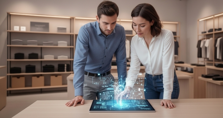 Zwei Personen analysieren digitale Daten auf einem Display