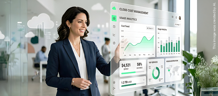 A woman in a business suit is counting Cloud Services costs in an office