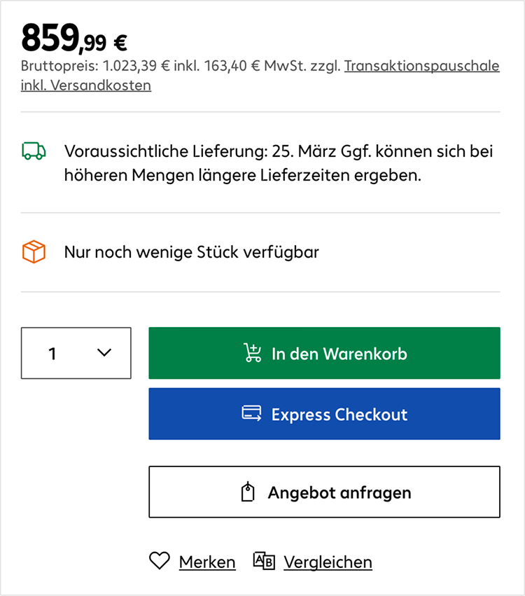 Unterer Ausschnitt des Kaufbereichs auf der Produktdetailseite