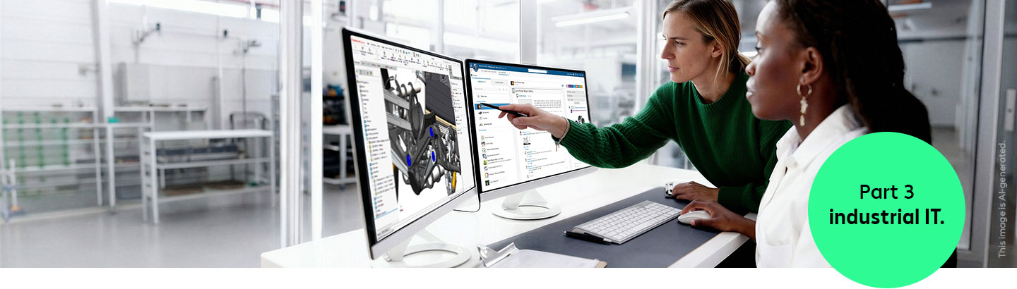 Two women are discussing the trial while looking at a monitor