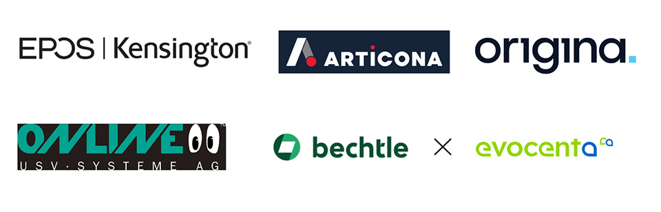 Partnerbanner mit den Logos von: Epos | Kensigntion, Articona, origina., Online USW - Systeme AG, evocenta