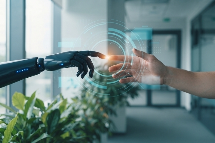 Menschliche Hand und Roboterhand berühren sich vor digitaler Schnittstelle als Symbol für Mensch-Technik-Interaktion