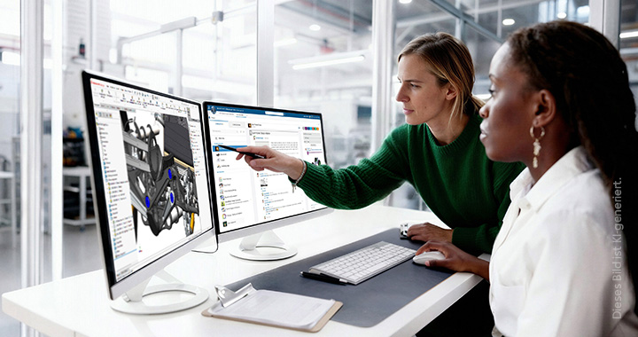 Zwei Frauen sitzen in einer modernen Produktionshalle vor zwei Monitoren und überwachen den Prozess.