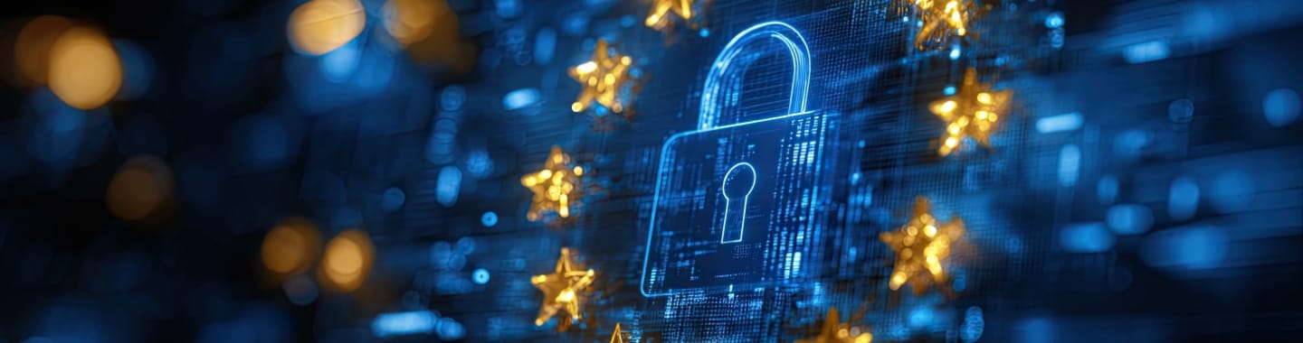 Digitale Darstellung eines Vorhängeschlosses mit goldenen Sternen, Symbol für Datenschutz, Datensicherheit und DSGVO-Konformität in Europa.