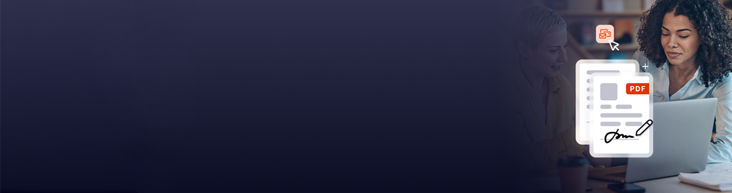 Dark blue Banner, on the right women are working