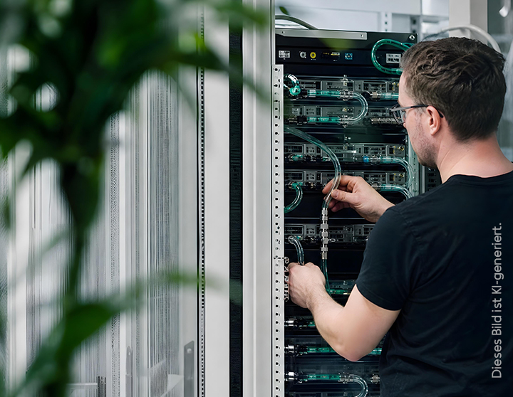 Ein Mann in einem schwarzen Hemd repariert einen Server.