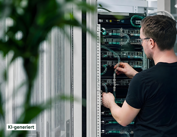 Ein Mann in einem schwarzen Hemd repariert einen Server.