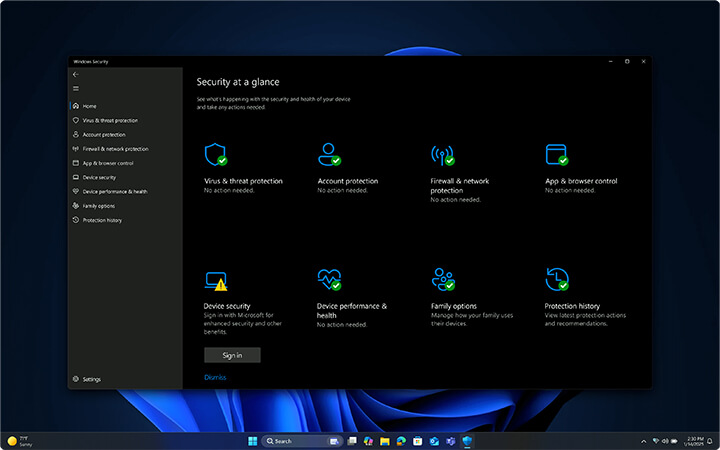 Windows 11 Pro Dashboard zur Sicherheit auf einen Blick 
