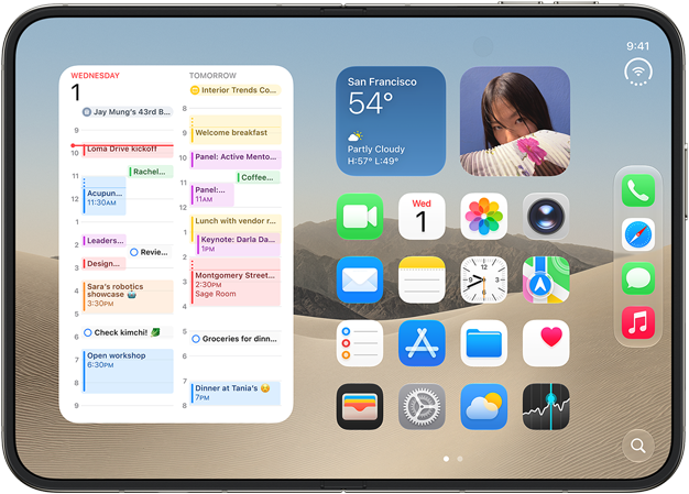 Tablet home screen showing calendar overview, weather widget, and app icons for organization and communication
