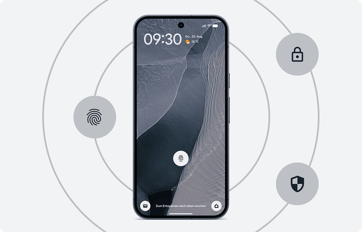 Smartphone mit Fingerabdruck-Entsperrung und Symbolen für Sicherheit und Datenschutz auf grauem Hintergrund