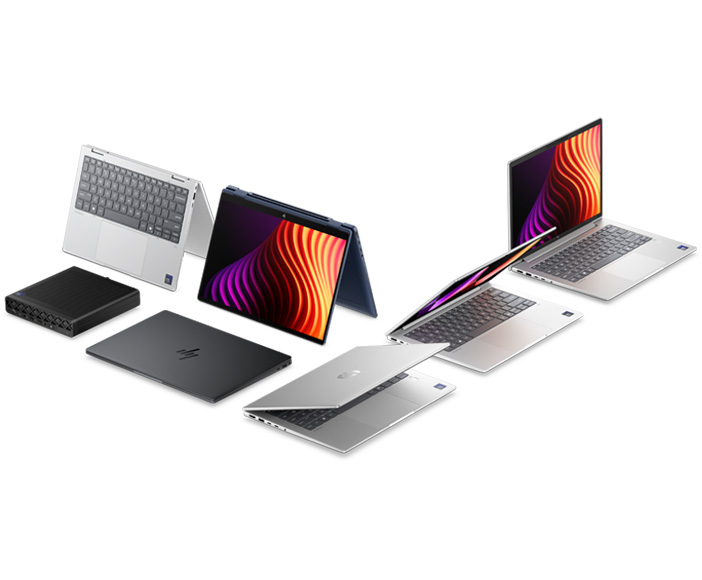 Various modern laptops and an external network switch displayed in different positions for product presentation