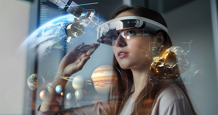 A little girl studying with AR glasses