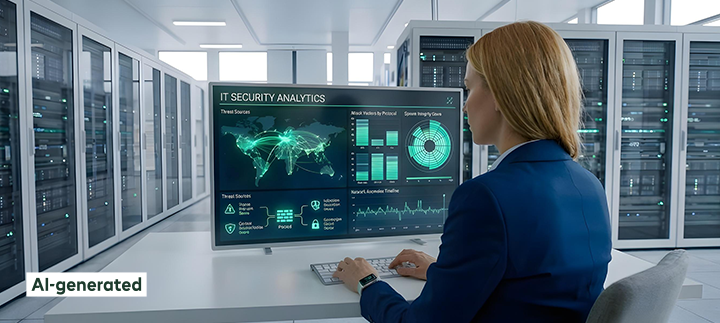 A woman is working on IT security analytics in a server room