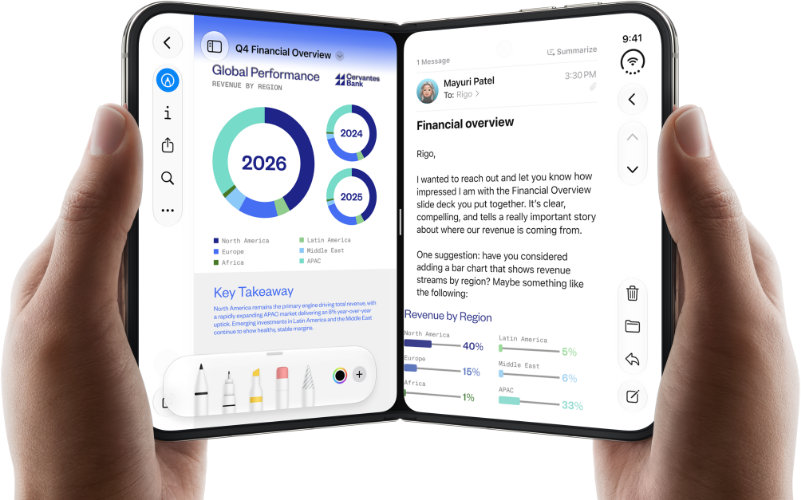 Hand holding a foldable smartphone displaying financial overview and email communication on two screens