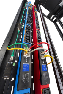 Server rack with power units and cables 