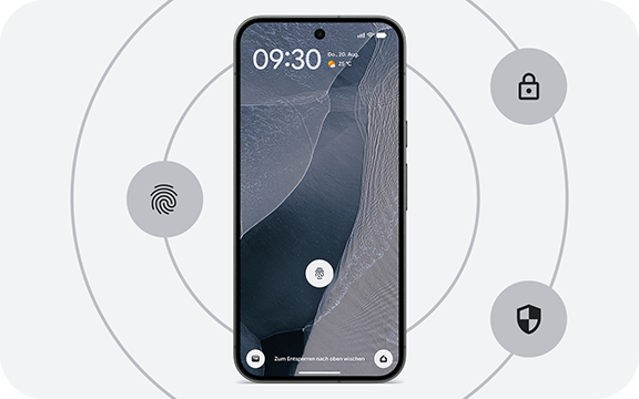 Smartphone mit Fingerabdruck-Entsperrung und Sicherheitsfunktionen im Fokus der Benutzeroberfläche