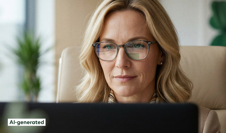 A blond woman in glasses is working on PC