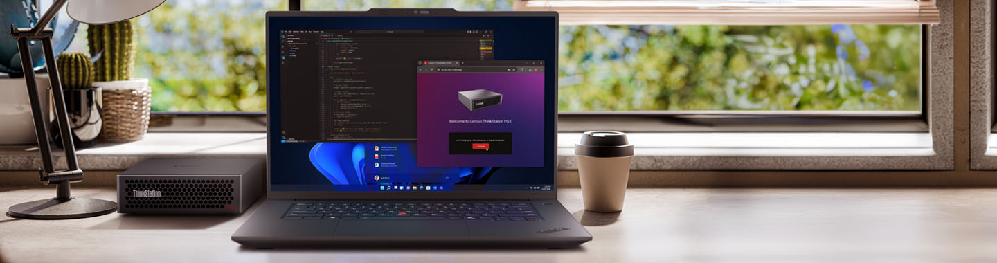 Auf dem Schreibtisch vor dem Fenster steht eine Lenovo ThinkStation PGX Workstation