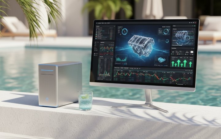 Desktop-PC mit Monitor und Server am Pool