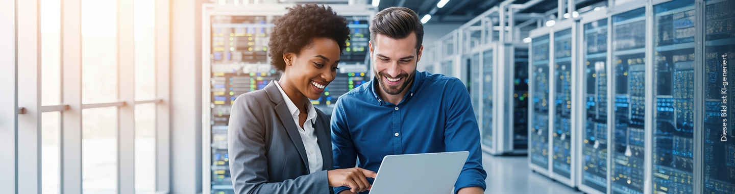 Eine Frau und ein Mann arbeiten in einem Serverraum.