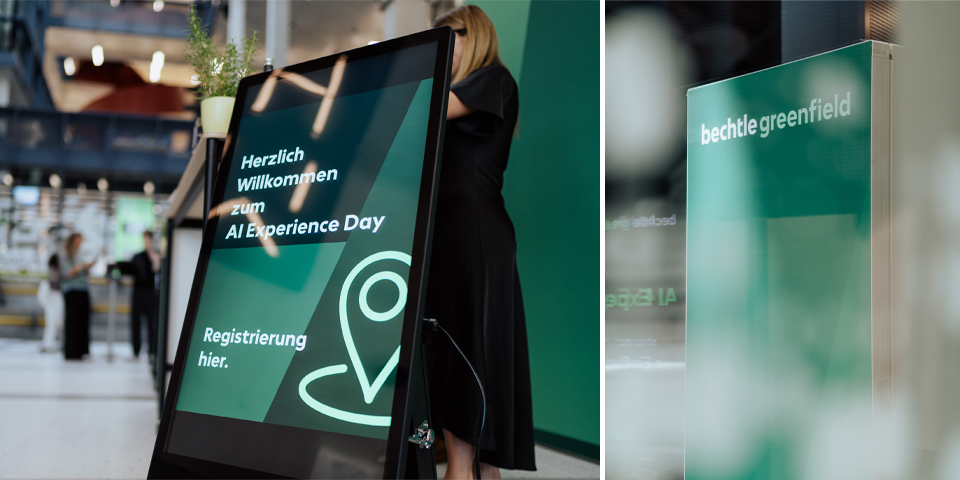 Digitale Anmeldeanzeige, die die Besucher zum AI Experience Day willkommen heißt