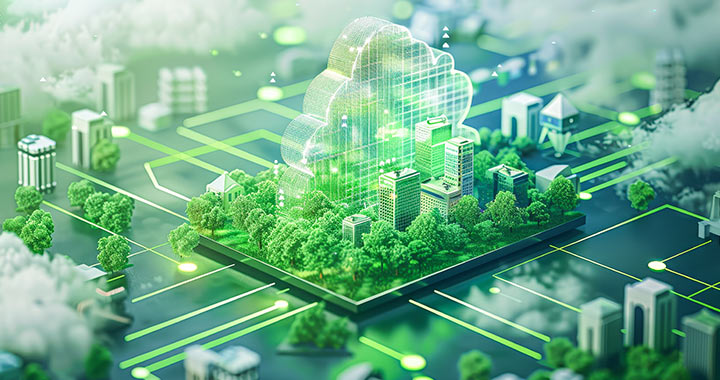 green circuit board looking like a city with clouds