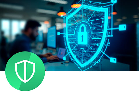 Person working on laptop in office with digital shield symbol representing cybersecurity protection