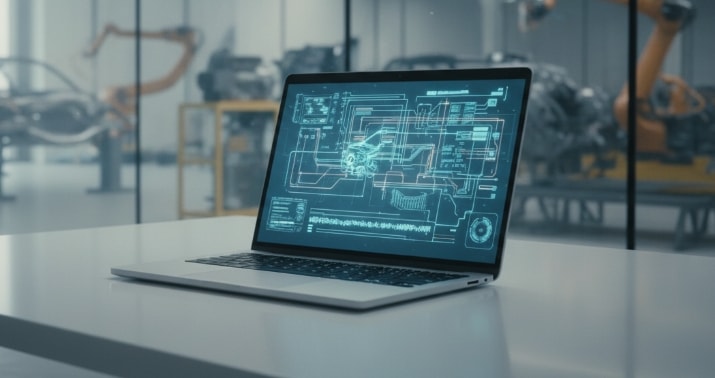 Laptop mit digitaler Konstruktions- und Prozessvisualisierung in moderner Produktionsumgebung
