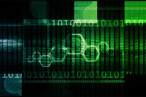 Eine futuristische Grafik die viele reihen von grün leuchtenden Einsen, Nullen und Hexagonen vor einem dunklen Hintergrund zeigen.