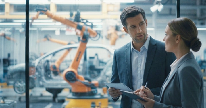 Zwei Fachkräfte besprechen Produktionsdaten vor Industrierobotern in der Fertigung