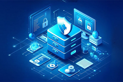 Eine Grafik mit mehreren Schilden und Schlössern umgeben mit technischen Geräten mit Bildschirmen symbolisiert den ADhealthcheck