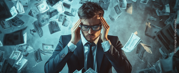 A frustrated businessman with money flying around him
