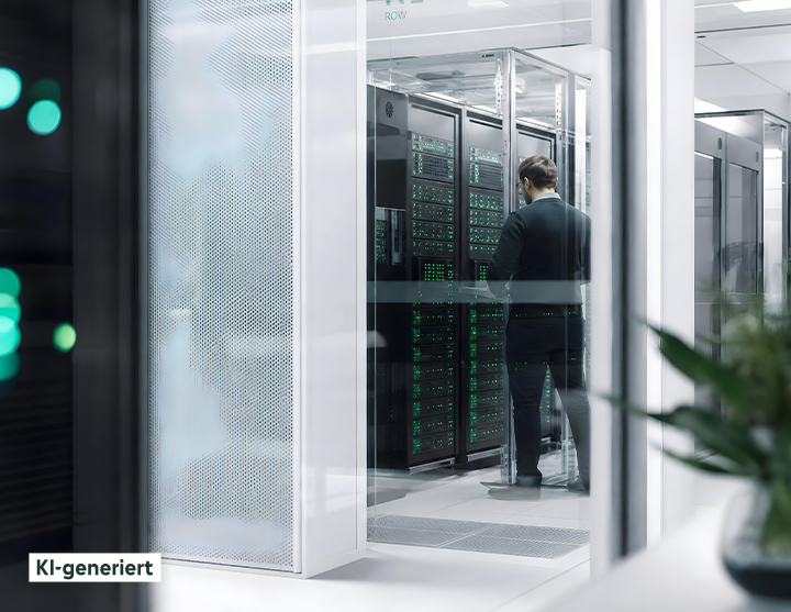 Ein Mann in einem schwarzen Anzug arbeitet in einem Serverraum.