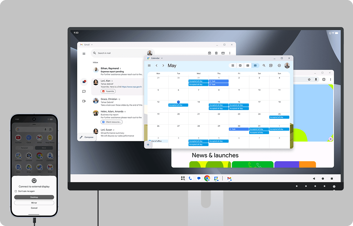 Smartphone mit Verbindungseinstellungen zum externen Display und Desktop-Monitor mit geöffneten E-Mail- und Kalenderanwendungen