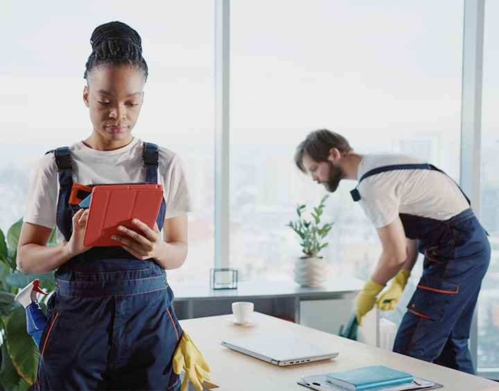 A woman and a man are cleaning the office