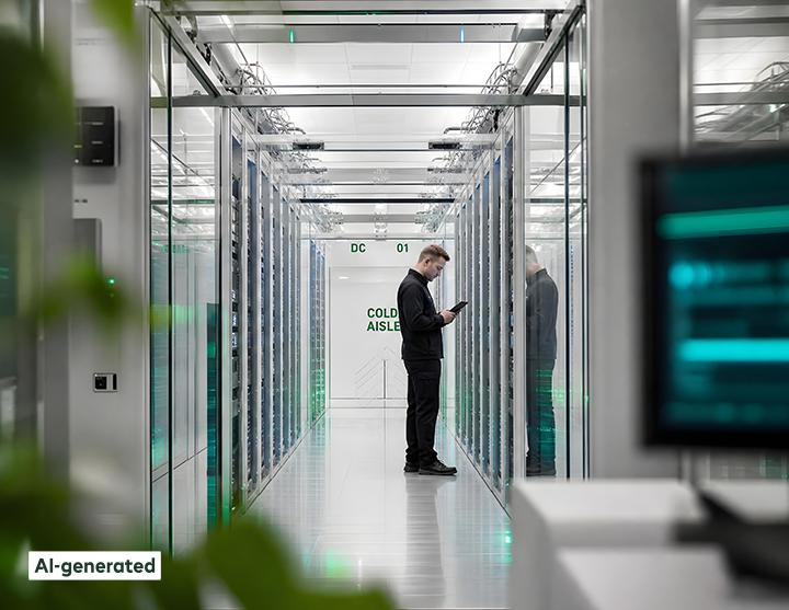 A man in a black suit is working in a server room