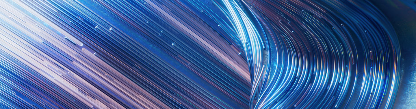 Asthetische Banner Grafik. In einem Spiel aus Schatten und Reflektion verlaufen viele, dünne, halbtransparente Glasröhrchen parallel zueinander und spiegeln blaues und rosanes licht wieder. Ein Strang der Glasröhrchen überschlägt die anderen kurvenförmig und bricht die Ordnung auf interessante weise auf.